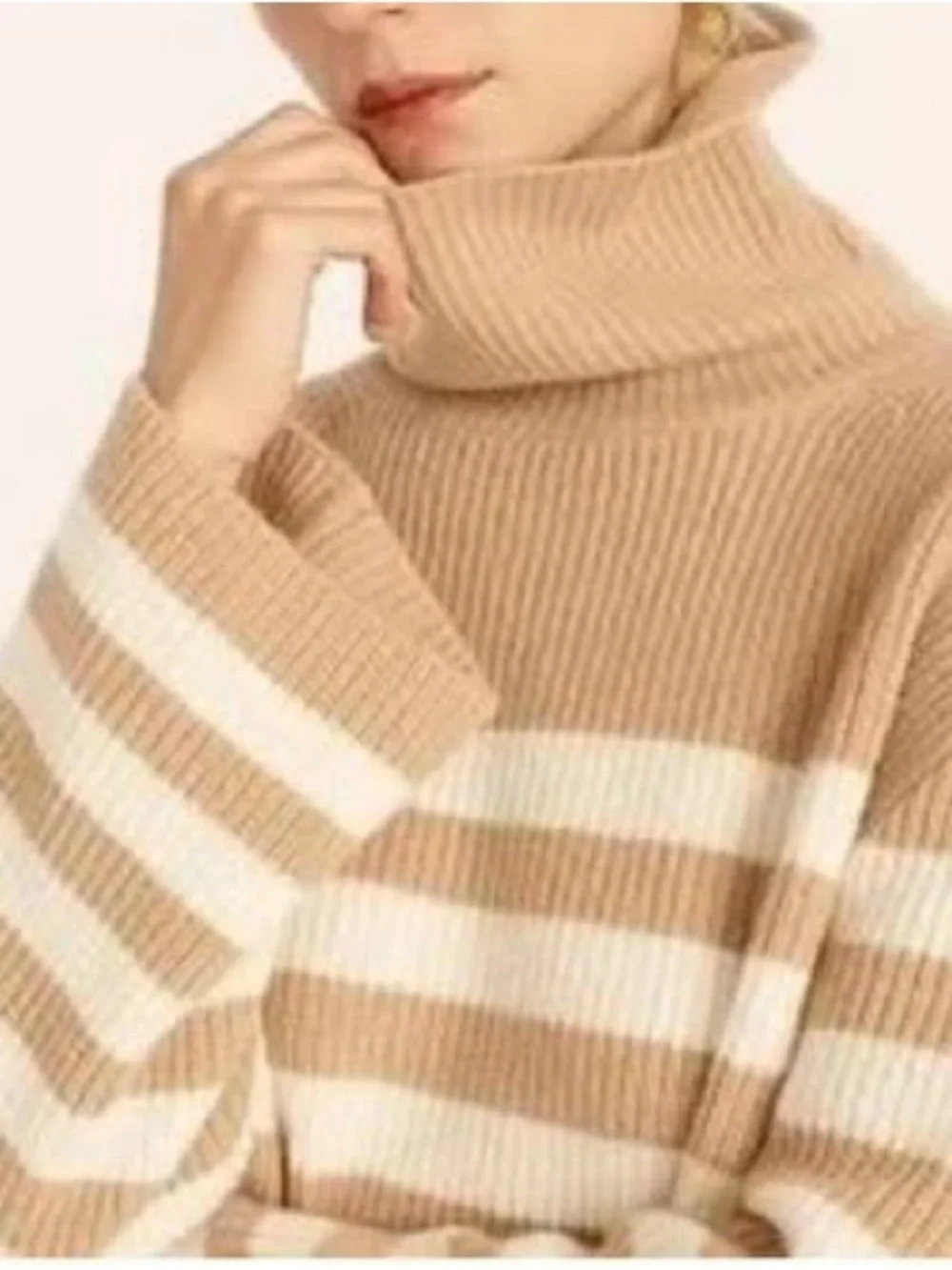 J.Crew Wool and Cashmere Relaxed Tan and Cream Turtleneck, Large Petite
